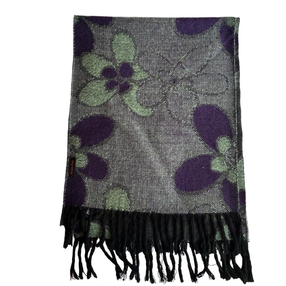 Floral, purple and green fringe scarf made in Argentina